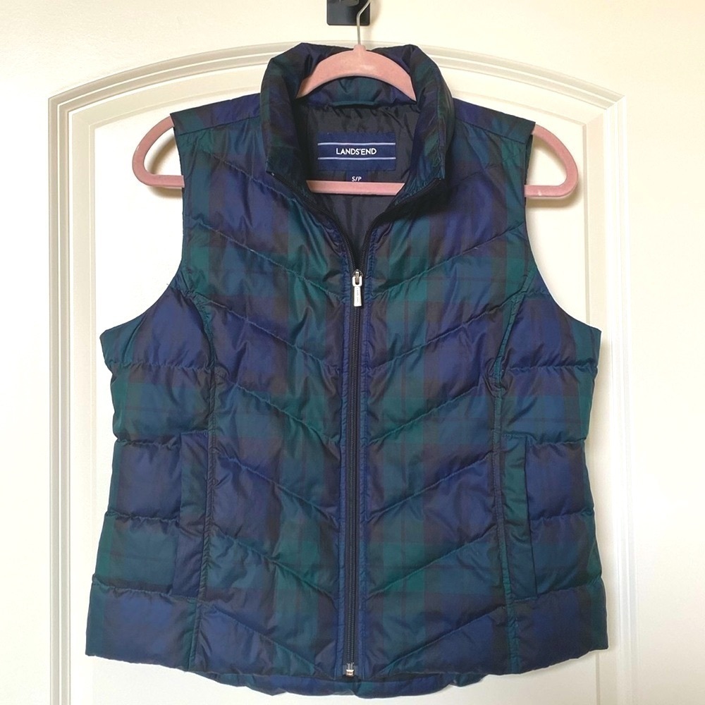 Lands' End Tartan Plaid Puffer Down Vest Women’s S Equestrian Academia preppy